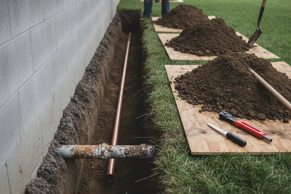 Excavated water line trench during Water Softener Installation in Gravette